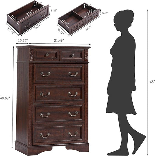 Dresser for Bedroom, 6 Drawers 48" Tall Dresser for Storage and Organization, Dark Brown Farmhouse Chest of Drawers for Living Room, Closet, Hallway