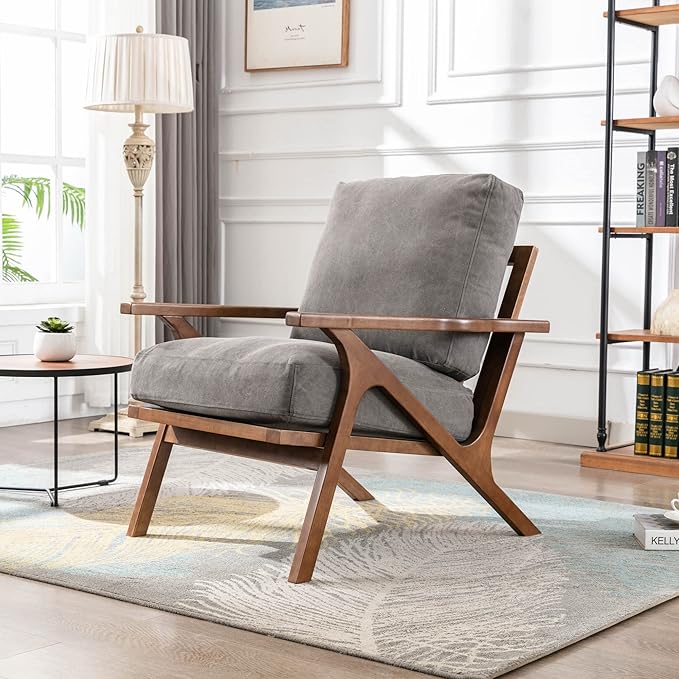 Wahson Set of 2 Mid Century Chair, Retro Upholstered Accent Armchairs, with Wood Frame and Removable Canvas Cushions, Large Leisure Slipper Chair for Living Room/Bedroom, Grey