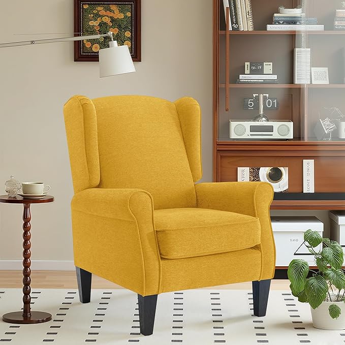 Accent Chairs for Bedroom, Yellow Fabric Classic Highback Reading Chairs, Elegant Farmhouse Single Couch Sofa with Wing Back, Modern Living Room Upholstered Armchair