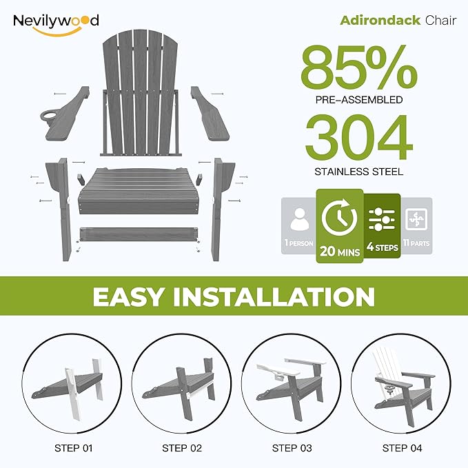 nevilywood Folding Adirondack Chair - Extended Ergonomic Backrest, Cup Holder - Easy Assembly - Durable HDPE Plastic, Weather Resistant & Maintenance-Free - Lawn, Patio, Deck Supports 380lbs Grey
