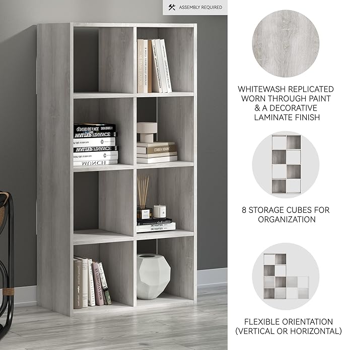 Signature Design by Ashley Paxberry Coastal 8 Cube Storage Organizer or Bookcase, Whitewash