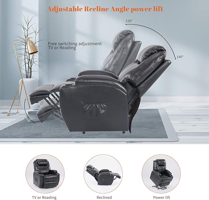 S*MAX Lift Chairs Recliners for Elderly Power Recliner Chairs Full Air Leather Electric Recliner Chairs Side Pockets USB Charge Port and Remote Control Power Lift Recliners Black