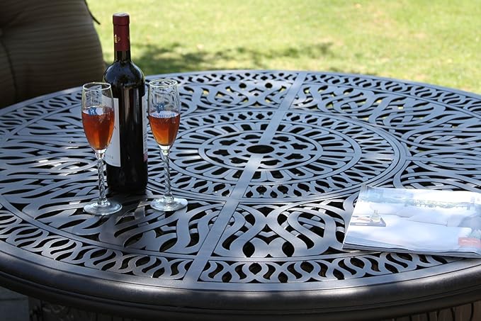 Elizabeth Outdoor Patio 5pc Set Bar Table 42" Dark Bronze Cast Aluminum, Premium Sun-Sesame Cushions