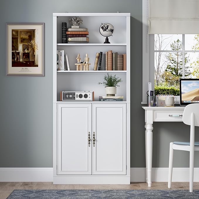 71.4" Tall Bookshelf with Cabinet, 5-Tier Floor Standing Bookcase with Doors & Adjustable Shelves, 31.5" Wide Storage Shelf, Metal Handles, Modern Organizer for Home Office, Living Room