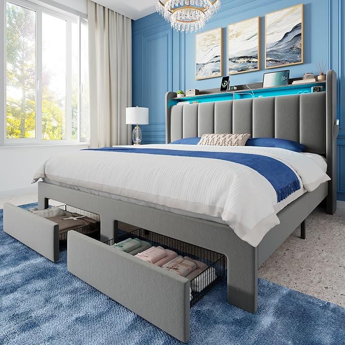 Allewie Velvet Vertical Tufted Full Size Upholstered Platform Bed Frame with 2-Tier LED Storage Headboard & 2 Storage Drawers, USB & Type-C Charging Ports, Noise-Free/No Box Spring Needed, Grey