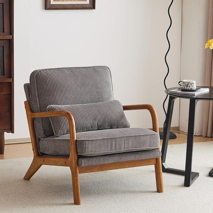 Karl home Mid-Century Modern Accent Chair, Living Room Chairs with Pillow Corduroy Upholstered Lounge Armchair with Solid Wood Frame & Soft Cushion for Bedroom, Reading Room, Gray