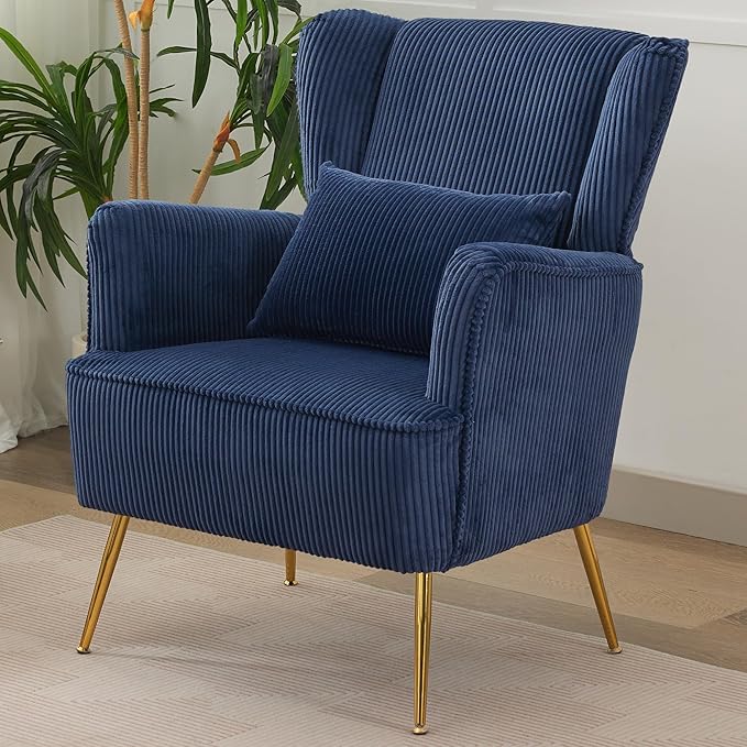 Corduroy Accent Living Room Arm Chair with Pillow & Golden Legs, 8.5" Thick Cushion, Mid Century Modern Wingback Chairs Upholstered Comfy Sofa Armchair for Reading Room/Bedroom, Blue
