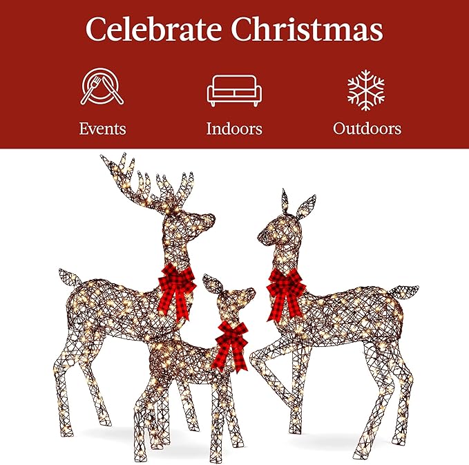Best Choice Products 3-Piece Large Lighted Christmas Deer Family Set 5Ft Outdoor Yard Decoration with 360 LED Lights, Stakes, Zip Ties - Rattan