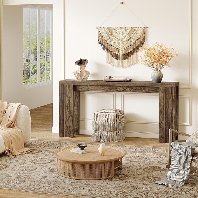 LITTLE TREE 70.9-Inch Long Entryway Table, Narrow Farmhouse Sofa Console Table for Living Room, Hallway, Walnut Brown