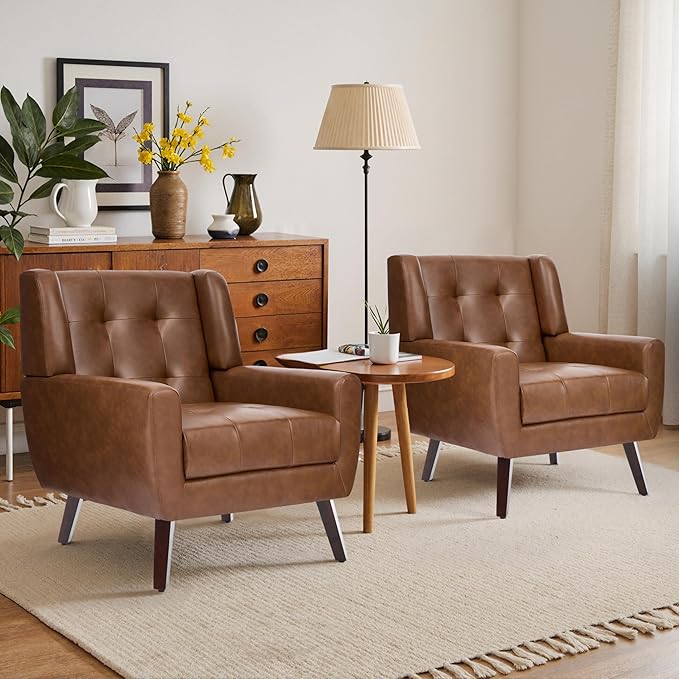 Faux Leather Accent Chair, Mid-Century Modern Upholstered Armchair, Comfy Living Room Chairs Reading Chairs with Button Tufted Back & Solid Wood Legs for Bedroom, Office, Coffee