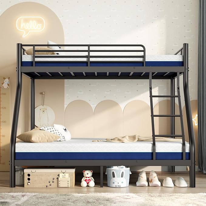 soges Twin Over Full Metal Bunk Bed Set with 6" Mattresses Included, All-in-One Bunk Bed for Kids/Adults, Heavy Duty Sturdy Bed Frame with Ladder & Guardrail, with Memory Foam Mattress, Easy Assembly