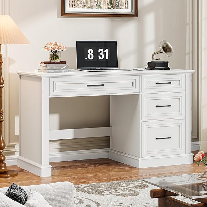 Farmhouse 47" Executive Desk, Computer Desk with Drawers and File Drawer, Workstation Computer Desk with Charging Station for Home Office,Study,(Cream White)