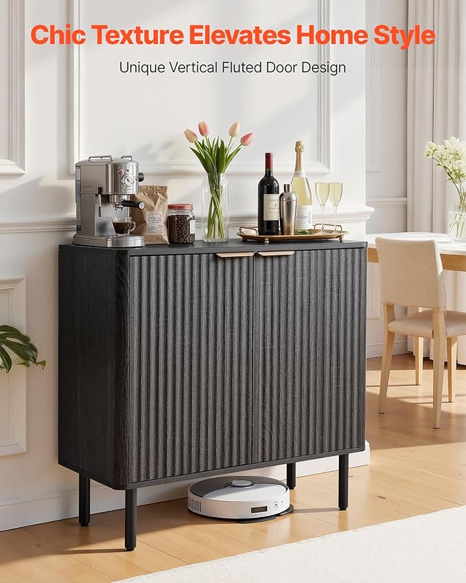 VEVOR Fluted Cabinet, Buffet Cabinet with 2-Tier Storage, Coffee Bar Cabinet with Adjustable Shelves, Sideboard Buffet for Hallway, Entryway, Living Room, or Kitchen, Black