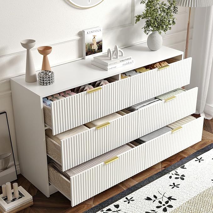 3-Piece Modern Bedroom Furniture Set, Wide 6-Drawer Dresser & 1-Drawer Nightstands Set of 2, Natural Wood Dresser and Nightstand Sets for Bedroom, Hallway, White