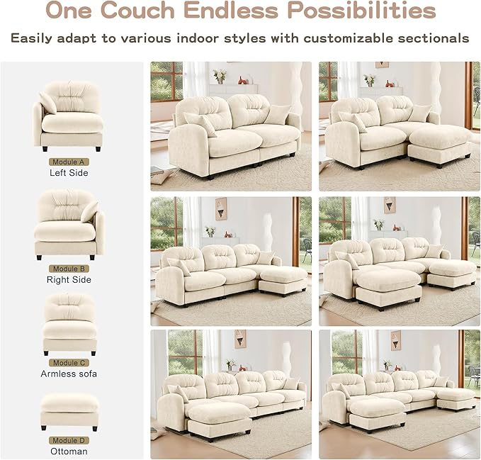 140" 4 Seater Couch for Living Room, Comfy Chenille Fabric Cloud Sectional Couch, Modern Upholstered Deep Seat Sofa with Armrest Pillow, Oversized Sectional Sofa, Beige