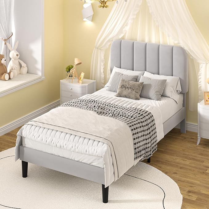 VECELO Twin Size Bed Frame with Upholstered Headboard, Velvet Platform Bedframe Mattress Foundation, Strong Wood Slat Support, No Box Spring Needed,Light Grey