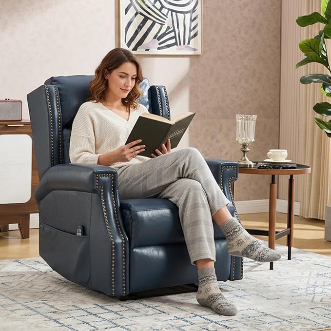 Manual Recliner Chair with Massage & Lumbar Heat, Breathable Leather Reclining Chair for Adults, Humanized Design Easy to Install Living Room Recliners Blue