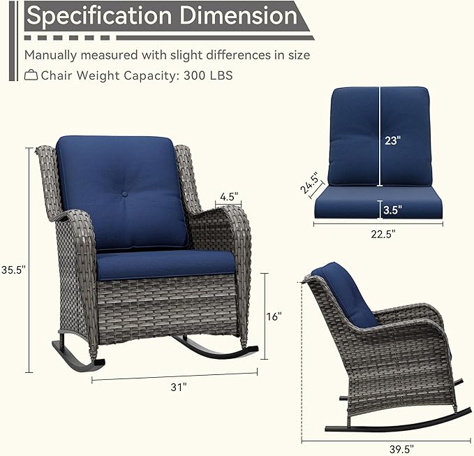 Outdoor Rocking Chair of 2, Wicker Patio Rocker Chair for Yard, Porch, Mixed Brown Grey Rattan, Blue Cushions