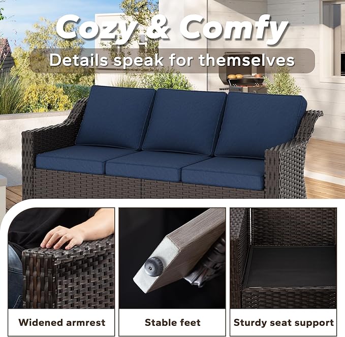 77'' Patio Sofa, All Weather Outdoor Rattan Wicker 3-Seat Sofa High Back Couch with Premium Cushions for Garden Backyard Porch(Brown/Navy)