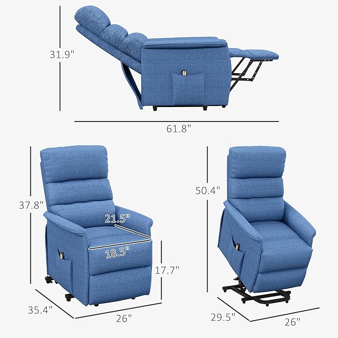 HOMCOM Power Lift Recliner Chair for Elderly, Easy Assembly, Fabric Lift Chair for Adults, Recliner Sofa with Remote Control, Side Pockets for Living Room, Blue