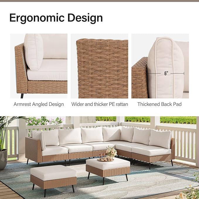 LAUSAINT HOME Outdoor Patio Furniture, 8 Piece Outdoor Sectional Sofa PE Rattan Wicker Patio Conversation Sets,All Weather Patio Furniture Set with Thick Cushions for Garden, Poolside, Backyard(Beige)