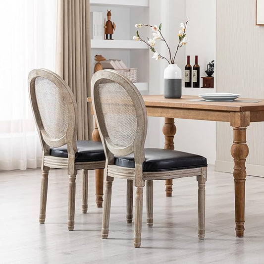 Farmhouse Leather Dining Room Chairs Set of 2 French Dining Chairs with Round Rattan Back French Bistro Chairs for Dining Room/Living Room/Kitchen/Restaurant, Black