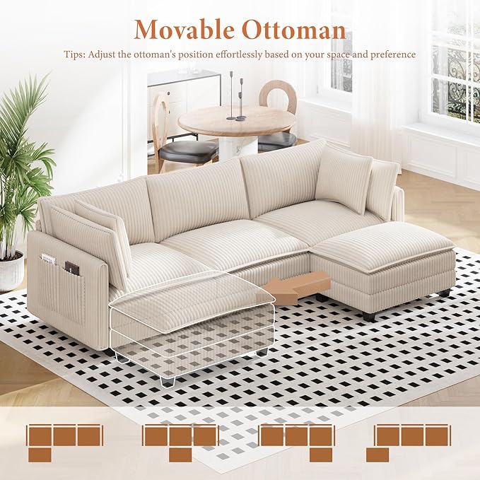 Vesgantti 109" L Shaped Cloud Sectional Couch, Comfy Corduroy Upholstered Modular Couches for Living Room, Modern 3 Seater Sectional Sofa with Ottoman Deep Seat, Beige