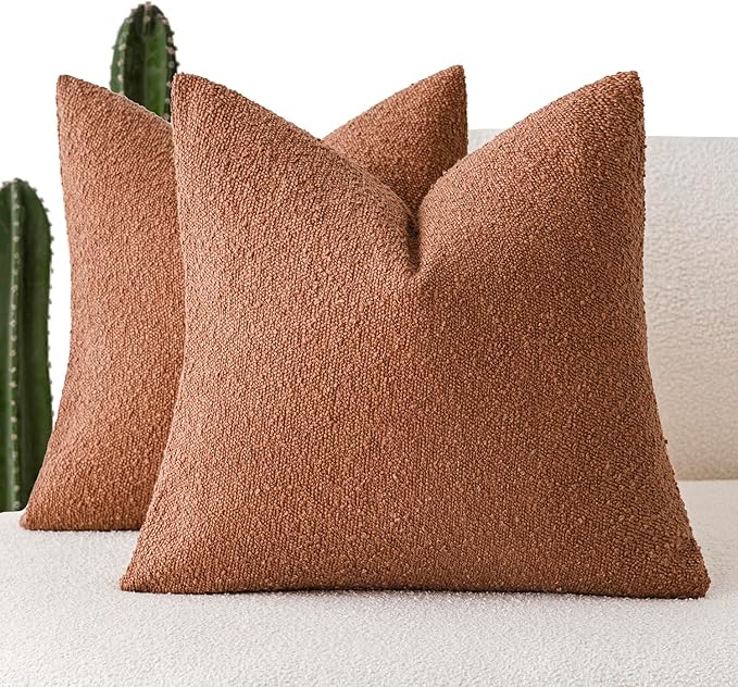 Foindtower Set of 2, Decorative Textured Boucle Throw Pillow Covers Accent Solid Pillow Cases Neutral Couch Cushion Case for Chair Sofa Bedroom Living Room Home Decor 26x26 Inch Burnt Orange Hazel