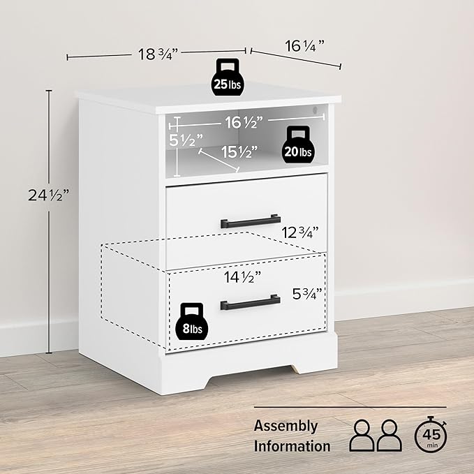 Prepac Rustic Ridge Farmhouse Nightstand Bedside Table, White Nightstand for Bedroom, End Table with 2 Drawers and Open Shelf 16.25"D x 18.75"W x 24.5"H