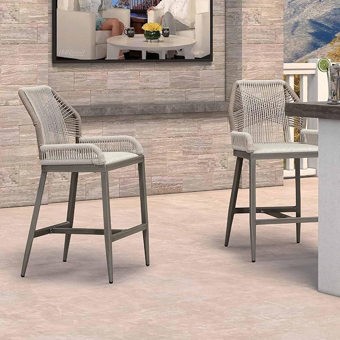PURPLE LEAF 2 Pieces Counter Height Bar Stools Patio Boho Rattan Barstools Aluminum Woven Bar Chairs with Cushions for Outdoor Kitchen Island Garden