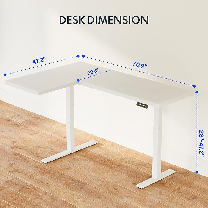 FLEXISPOT Corner Desk Dual Motor L Shaped Computer Electric Standing Sit Stand Up Desk Height Adjustable Home Office Table with Splice Board, 71x48 White