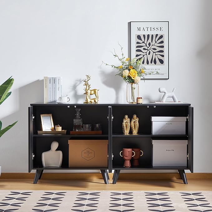 Modern Sideboard Buffet Cabinet Console Table, Accent Storage Cabinets Credenza Buffer Cabinet with 4 Fluted Doors for Kitchen Dining Living Room Entryway(Black)