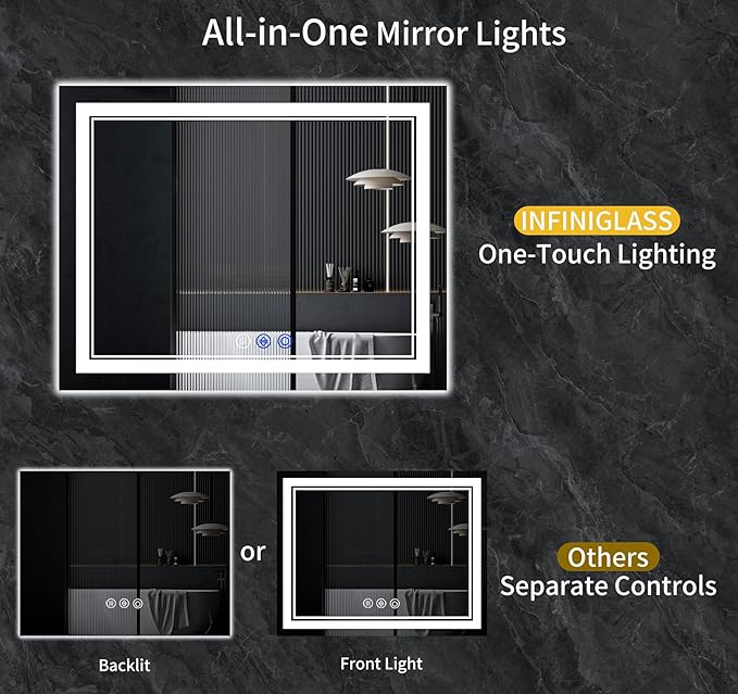 60"x30" LED Bathroom Mirror with Anti-Fog, Stepless Dimmable Lights, 3 Color Modes, Shatter-Proof Tempered Glass, Memory Function & Waterproof Design