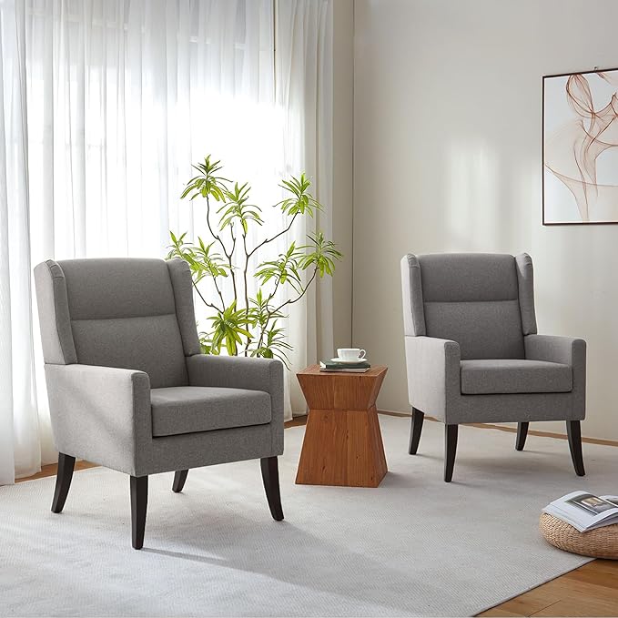 High Back Living Room Chairs, Fabric Accent Chair, Comfy Upholstered Armchair with Wooden Legs for Living Room, Bedroom, Apartment (2, Grey)
