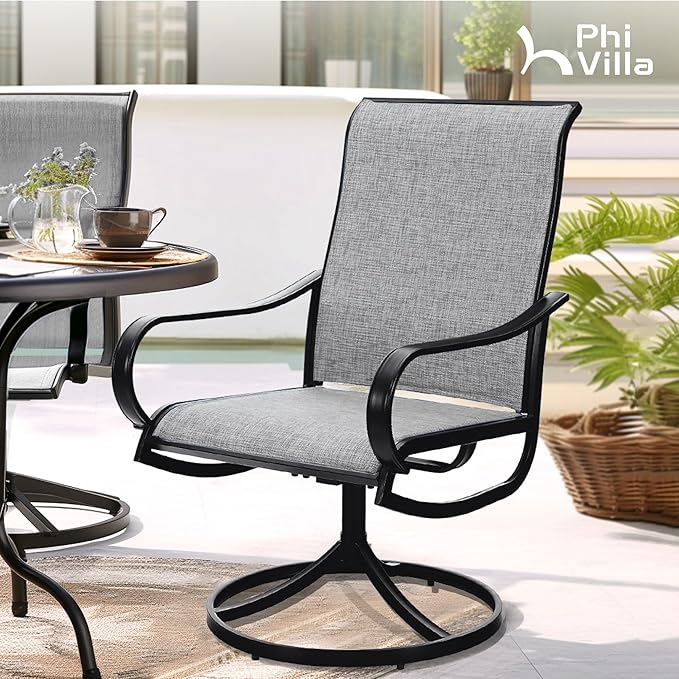 PHI VILLA Patio Swivel Dining Chairs Set of 4, Outdoor Chair with Textilene Mesh Fabric & Black Metal Frame for All Weather Outdoor Lawn Garden Poolside (Gray)