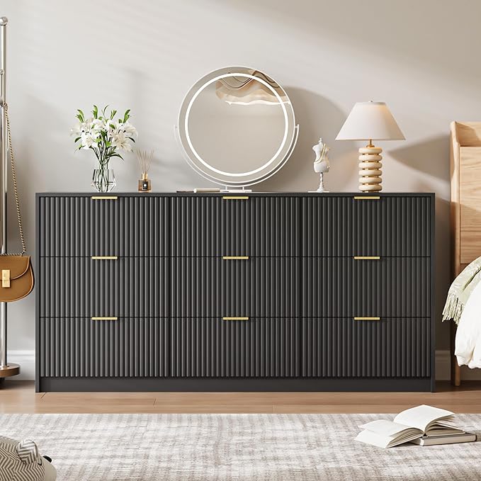 Black 9 Drawer Dresser for Bedroom, Modern Fluted Dresser with Gold Metal Handles, Wide Chest of Drawers for Bedroom, Living Room, Entryway, Hallway, 63" L x 15.7" D x 31.4" H