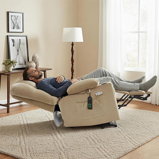 MCombo Large Dual Motor Power Lift Recliner Chair for Elderly, Massage and Heat, Lay Flat, Zero Gravity, Home Button, USB Port, Fabric 7680 (Large, Beige)