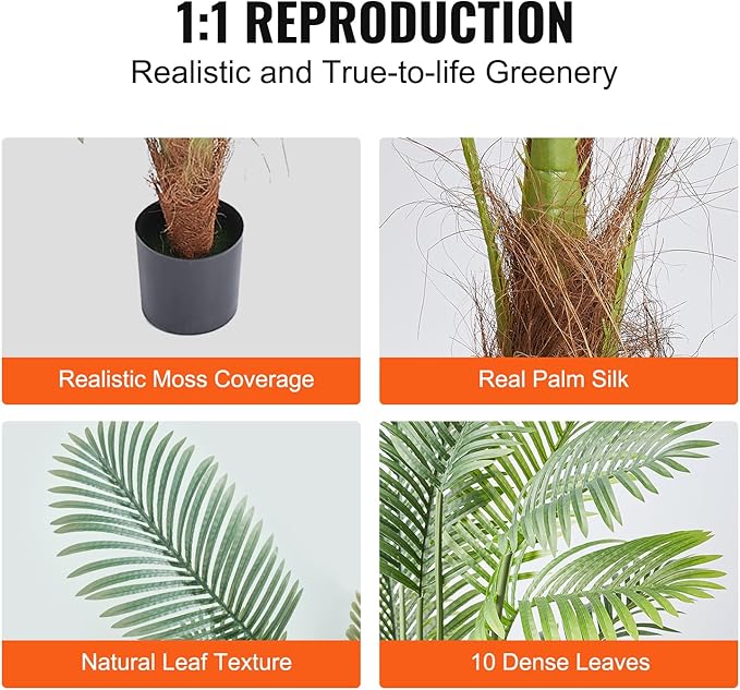 VEVOR Artificial Palm Tree, 4 FT Tall Faux Plant with 10 Artificial Leaves and Moss-Covered Potting Soil, Lifelike Green Fake Tree for Home Office Christmas Decor Indoor Outdoor - 2 Pack