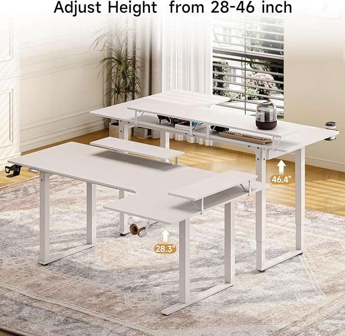 L Shaped Standing Desk, 63x43'' Electric L Stand Up Desk with 2 Adjustable Monitor Shelves, Dual Motor and Memory Controller, Adjustable Height from 28-46'' for Home and Computer Workstation, White