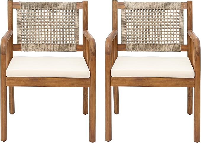 Christopher Knight Home Vera Outdoor Dining Chairs Set of 2, Acacia Wood Dining Chairs, Rattan Woven Back Armchair, Armchair with Cushion Seat, Patio Chair for Poolside Garden Balcony, Teak+Cream
