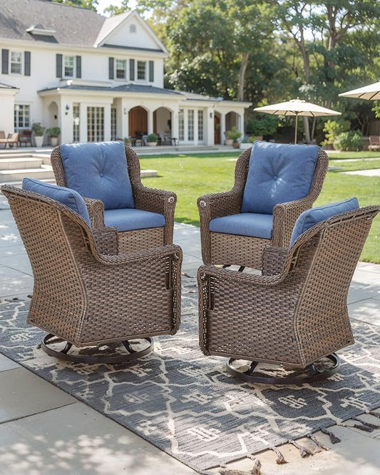 Patio Chairs Outdoor Swivel Glider - Set of 4 High Back Outside Brown Wicker Rattan Rocking Chair with Thick Cushion for Porch Apartment Deck Yard Poolside Garden - Navy Blue