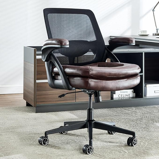 Big and Tall Office Chair, 500lbs Mesh Heavy Duty Ergonomic Desk Chair with Flip-up Armrests, Plus Size Wide Seat in PU Leather, 360 Swivel Computer Executive Task Chair for Home Office (Brown)