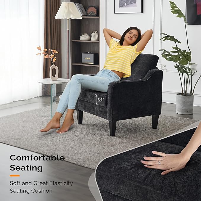 VINGLI Mid Century Modern Accent Chairs, Black Soft Chenille Reading Chair Upholstered Armchair Side Chairs Sofa Couches for Living Room, Bedroom, Apartment
