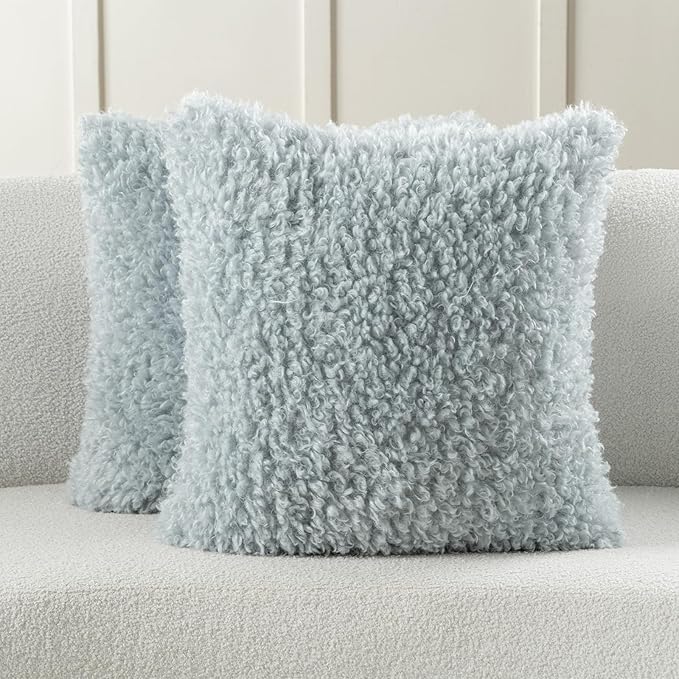 FUTEI Light Blue Decorative Throw Pillow Covers 22x22 Inch Set of 2,Soft Fluffy Faux Wool Fur Boucle Textured Cushion Case,Modern Home Decor for Couch Bed Living Room Office