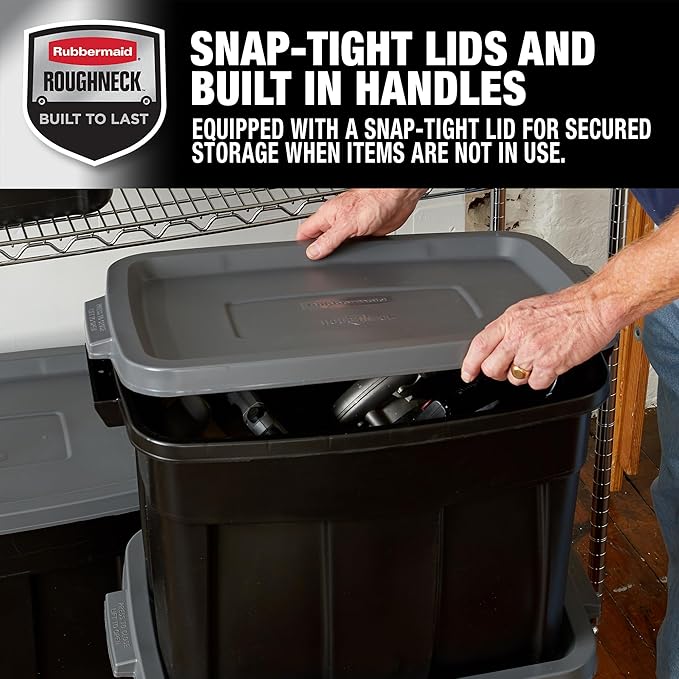 Rubbermaid 18 GAL 6 Pack Garage Storage Bins with Stackable Lid, Heavy Duty - Made in USA - Extreme Temperature Resistant, Durable Plastic Containers with Handles - Solid Black and Grey
