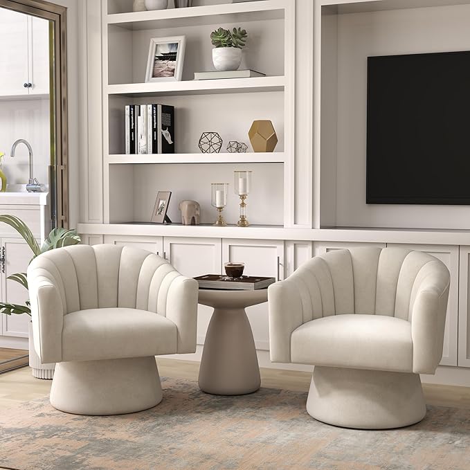 Swivel Accent Chair,Upholstered Velvet 360° Swivel Barrel Chair for Living Room Overstuffed Bouncle Reading Chair Round Armchair for Bedroom,Vanity,Office(Beige)