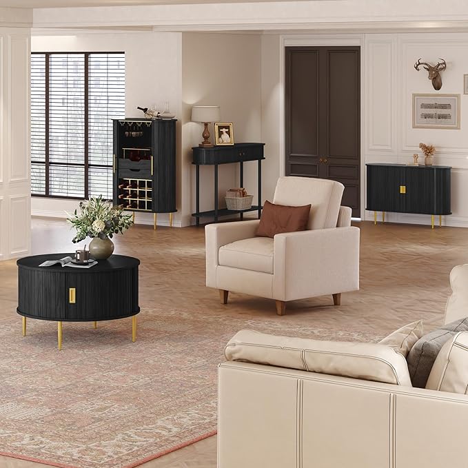 ARTPOWER 47.2" Sideboard Buffet Cabinet with Tambour Door, 6 Heights Adjustable Shelves, Accent Console Cabinet with Storage, Modern Credenza for Living Room, Dining Room, Entryway, Black