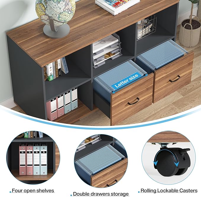 Tribesigns 55-Inch Executive Computer Desk with 43-Inch Lateral File Cabinet, Large Workstation Business Furniture, L Shaped Desk with Drawers and Storage Shelves for Home Office, Walnut