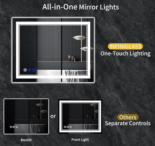 48"x30" LED Bathroom Mirror with Anti-Fog, Stepless Dimmable Lights, 3 Color Modes, Shatter-Proof Tempered Glass, Memory Function & Waterproof Design