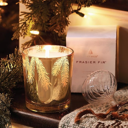 Thymes Frasier Fir Candle – Pine Needle Design – Holiday Scented Candle – Notes of Crisp Siberian Fir, Cedarwood & Sandalwood – Luxury Home Fragrance Gifts for Women & Men – Gold (Gilded, 13 oz)